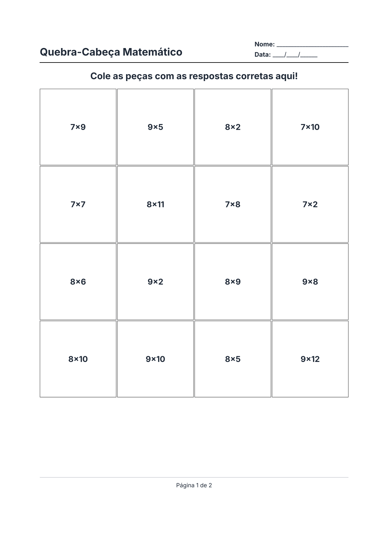 Exemplo da folha de molde do quebra-cabeça com as operações matemáticas