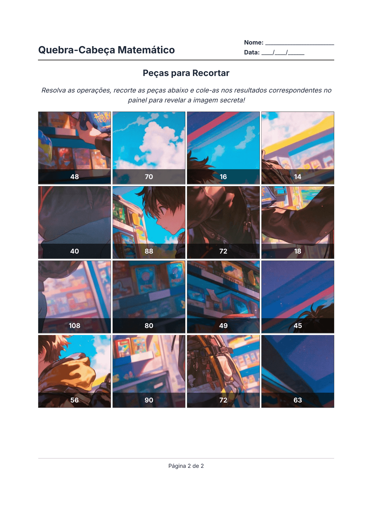 Exemplo da folha com as peças do quebra-cabeça para recortar