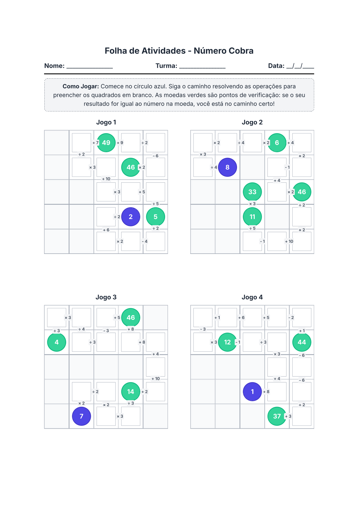 Exemplo da folha de atividades do jogo Número Cobra 5x5